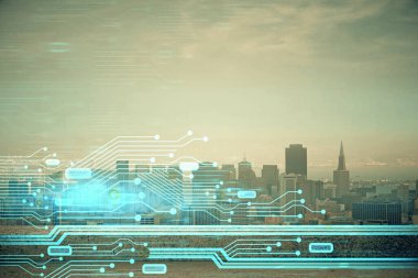 Veri temalı hologram gökdelenlerin arka planında çift pozlama ile şehir görünümüne çizim yapıyor. Teknoloji konsepti.