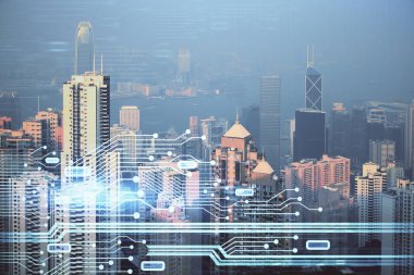 Veri temalı hologram gökdelenlerin arka planında çift pozlama ile şehir görünümüne çizim yapıyor. Teknoloji konsepti.
