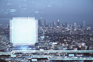 Veri temalı hologram gökdelenlerin arka planında çift pozlama ile şehir görünümüne çizim yapıyor. Teknoloji konsepti.