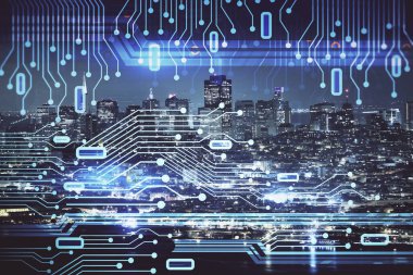 Veri temalı hologram gökdelenler arka planda çoklu pozlama ile şehir görünümüne çizim yapıyor. Ai kavramı.