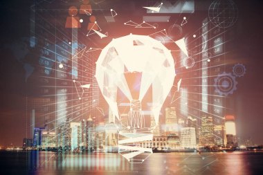 Ampul hologram çizimine ve şehir manzarasına çoklu maruz kalma. Fikir kavramı.