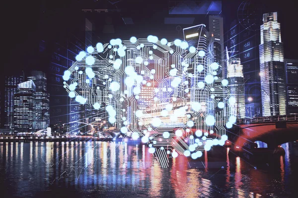 Dessin de l'hologramme cérébral sur fond de paysage urbain Double exposition. Concept de brainstorming. — Photo
