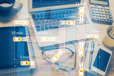 Otomobil hologramı çizimi olan masaüstü bilgisayar arkaplanı. Çoklu maruz kalma. Teknoloji kavramı.
