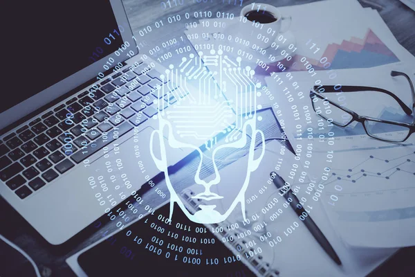 Doppia esposizione del desktop con ologramma di disegno del computer e del cervello. Concetto di intelligenza artificiale. — Foto Stock