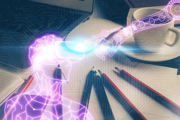 AR tema simgesi olan bilgisayar masaüstünde. Çoklu maruz kalma. Artırılmış gerçeklik kavramı.