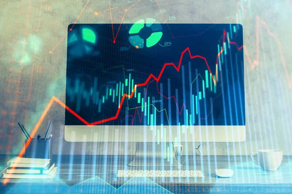Aandelenmarkt grafiek en tabel met computer achtergrond. Meervoudige blootstelling. Begrip financiële analyse. — Stockfoto