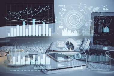 Finansal grafik renkli çizimler ve arka planda bilgisayar olan tablolar. Çoklu maruz kalma. Uluslararası pazarlar kavramı.