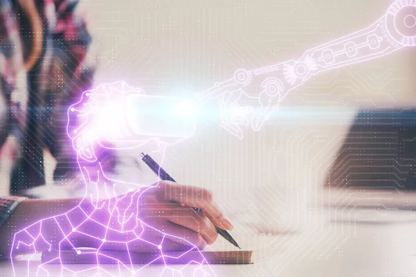 Cryptogeld hologram over vrouwen handen schrijven achtergrond. Concept van blockchain. Meervoudige blootstelling — Stockfoto