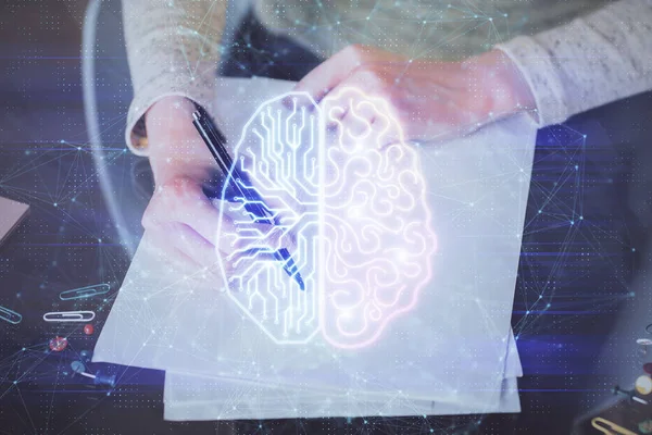 Doble exposición de la escritura mano sobre fondo con holograma cerebral. Concepto de aprendizaje. —  Fotos de Stock