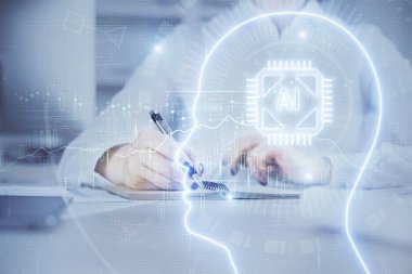 Arka planda beyin hologramıyla el yazısına çok maruz kalmış. Kendi kendine öğrenme kavramı.
