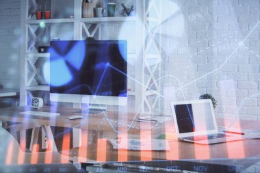Finansal grafik çizimine ve ofis içi arka planına çifte maruz kalma. Borsa konsepti.