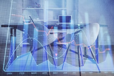 Finansal grafik çizimi ve ofis içi arka planının çoklu pozu. Pazar analizi kavramı.