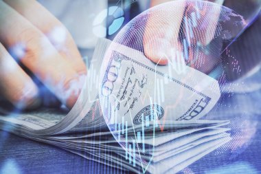 Forx grafiği, hologram, Amerikan dolarları ve insan eli çizimleri. Teknik Analiz kavramı.