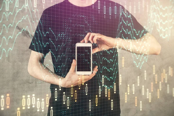 Двойная экспозиция рук человека, держащего в руках и использующего цифровое устройство и графический рисунок forex. Концепция финансового рынка. — стоковое фото