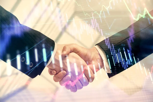 Double exposure of forex graph hologram and handshake of two men. Stock market concept. — Stock Photo, Image