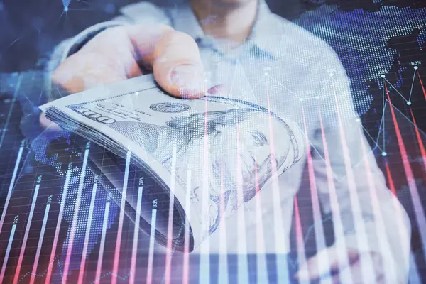 Multi exponering av finansiella diagram rita hologram och USA dollar räkningar och manshänder. Analyskoncept. — Stockfoto