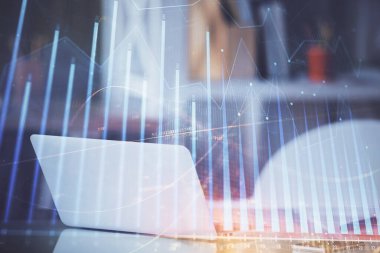 Bilgisayar geçmişi olan eski grafik hologramı. Çoklu maruz kalma. Finans piyasası kavramı.