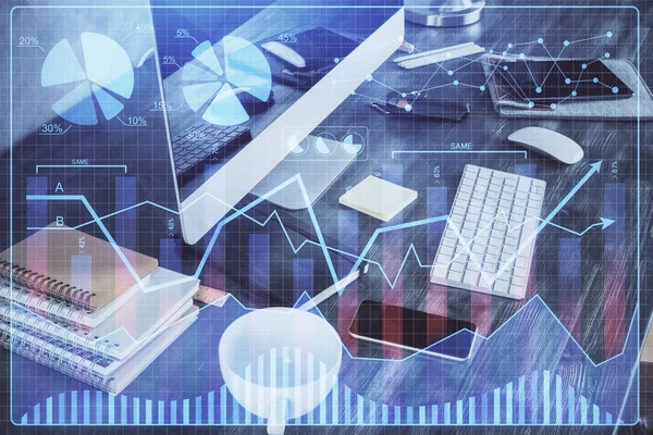 Multi exposure of chart and financial info and work space with computer background. Concept of international online trading.