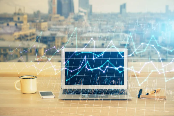 Multi exposure of chart and financial info and work space with computer background. Concept of international online trading.