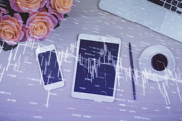 Double exposure of forex graph hologram over desktop with phone. Top view. Mobile trade platform concept. — Stock Photo, Image