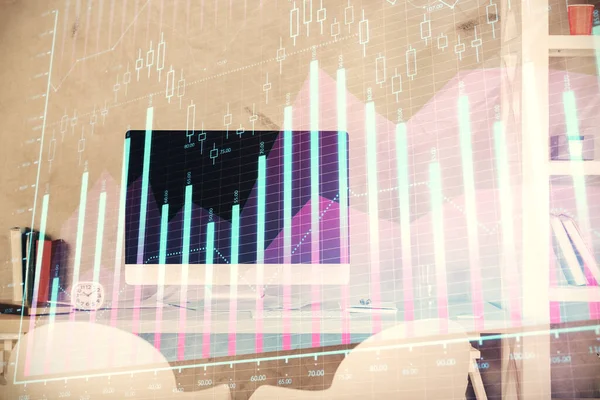 Multi blootstelling van de aandelenmarkt grafiek tekening en kantoor interieur achtergrond. Begrip financiële analyse. — Stockfoto