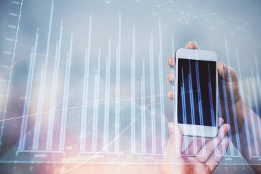 Ön x grafik çizimine çift pozlama hologram ve cep telefonu kullanan bir kadın. Borsa konsepti.