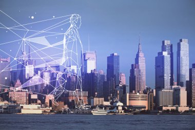 Şehir manzarası arkaplanı üzerinde başlangıç teması çizimlerinin çifte pozlandırılması. Başarı kavramı.