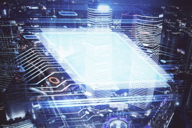 Veri temalı hologram gökdelenler arka planda çoklu pozlama ile şehir görünümüne çizim yapıyor. Ai kavramı.