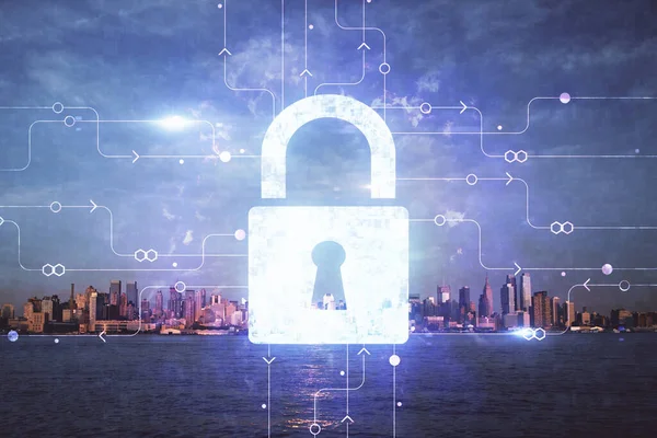 Хакеры взломали икону с видом на город на фоне небоскребов Концепция защиты данных. — стоковое фото