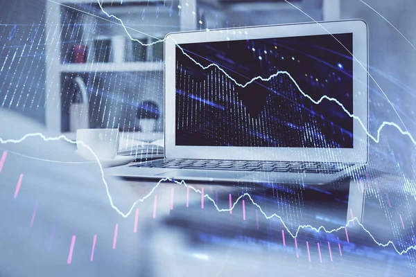 Dibujo gráfico financiero y tabla con la computadora en el fondo. Doble exposición. Concepto de mercados internacionales. —  Fotos de Stock