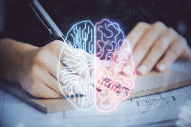 Arka planda beyin hologramıyla el yazısına çok maruz kalmış. Öğrenme kavramı.
