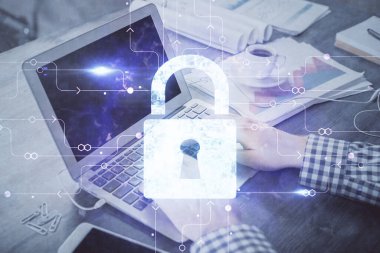 Arka planda bilgisayarla çalışan bir adamla iki kez ön x çizelgesine maruz kaldık. Pazar analizi kavramı.