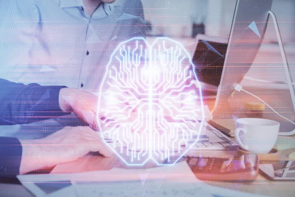 Man with computer background with brain theme hologram. Concept of brainstorm. Double exposure. — Stock Photo, Image