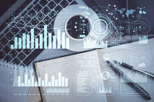 Gráfico do mercado de ações e computador vista superior sobre o fundo da tabela. Dupla exposição. Conceito de análise financeira. — Fotografia de Stock