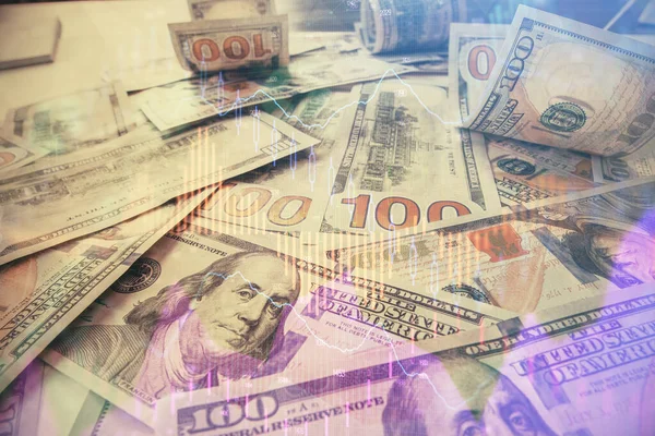 ドル紙幣の背景に描かれた外国為替チャートの複数の露出。金融成功市場の概念. — ストック写真