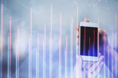 Ön x grafik çizimine çift pozlama hologram ve cep telefonu kullanan bir kadın. Borsa konsepti.