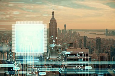 Veri temalı hologram gökdelenlerin arka planında çift pozlama ile şehir görünümüne çizim yapıyor. Teknoloji konsepti.