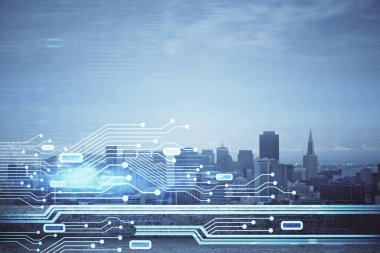 Veri temalı hologram gökdelenlerin arka planında çift pozlama ile şehir görünümüne çizim yapıyor. Teknoloji konsepti.