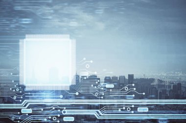 Veri temalı hologram gökdelenlerin arka planında çift pozlama ile şehir görünümüne çizim yapıyor. Teknoloji konsepti.