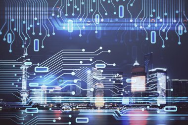 Veri temalı hologram gökdelenlerin arka planında çift pozlama ile şehir görünümüne çizim yapıyor. Ai kavramı.