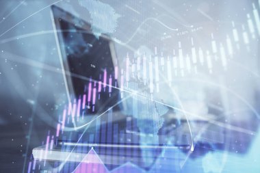 Bilgisayar geçmişi olan eski grafik hologramı. Çifte maruziyet. Finans piyasası kavramı.