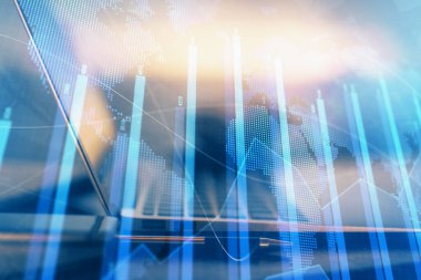 Bilgisayar geçmişi olan eski grafik hologramı. Çoklu maruz kalma. Finans piyasası kavramı.