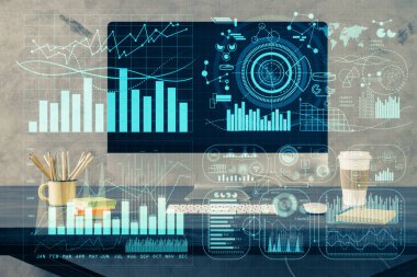 Forx grafiği ve bilgisayarla çalışma alanı çoklu pozlama. Uluslararası çevrimiçi ticaret kavramı.