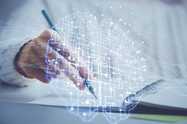 Arka planda beyin hologramıyla el yazısına çok maruz kalmış. Kendi kendine öğrenme kavramı.
