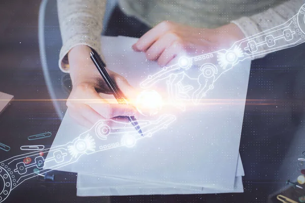 Doppelbelichtung von Hand auf Hintergrund mit Hologramm der Datenlösungstechnologie. Ai-Konzept. — Stockfoto
