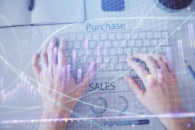 Dizüstü bilgisayar klavyesini ve ön x çizim hologramını yazarken çift pozlama. Üst Manzara. Finans piyasası kavramı.