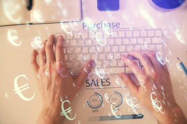 Dizüstü bilgisayar klavyesini ve ön x çizim hologramını yazarken çift pozlama. Üst Manzara. Finans piyasası kavramı.