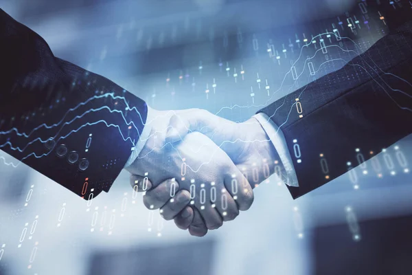 Double exposure of forex graph hologram and handshake of two men. Stock market concept. — Stock Photo, Image