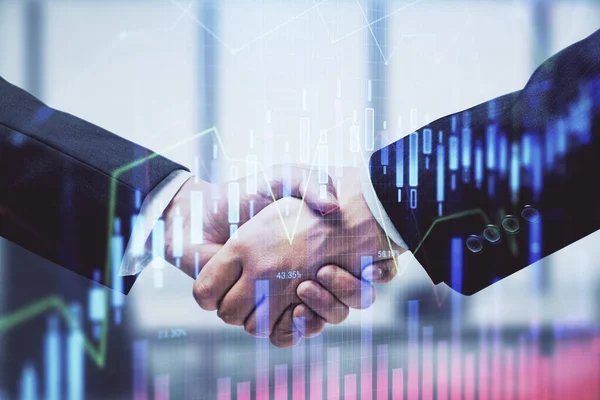 Double exposure of forex graph hologram and handshake of two men. Stock market concept. — Stock Photo, Image