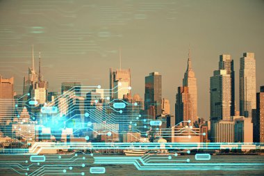 Veri temalı hologram gökdelenlerin arka planında çift pozlama ile şehir görünümüne çizim yapıyor. Teknoloji konsepti.